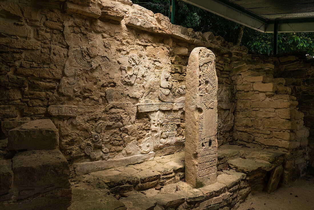 Stela 35 in Building 21 depicts Lady Evenstar, the mother of king Bird Jaguar IV. She is performing a blood-letting ceremony. The ruins of the Mayan city of Yaxchilan on the Usumacinta River in Chiapas, Mexico.