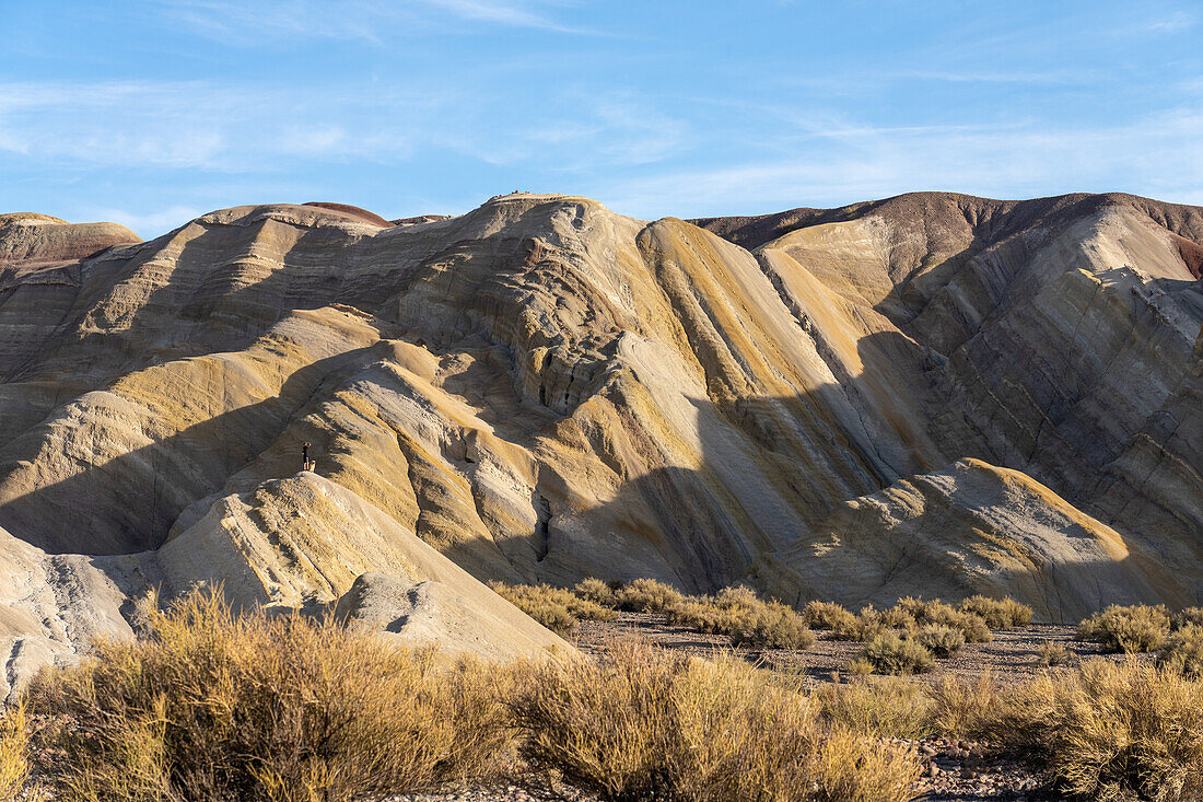 A tourist and his dog at the colorful geologic formatons of the Hill of Seven Colors near Calingasta, San Juan Province, Argentina.