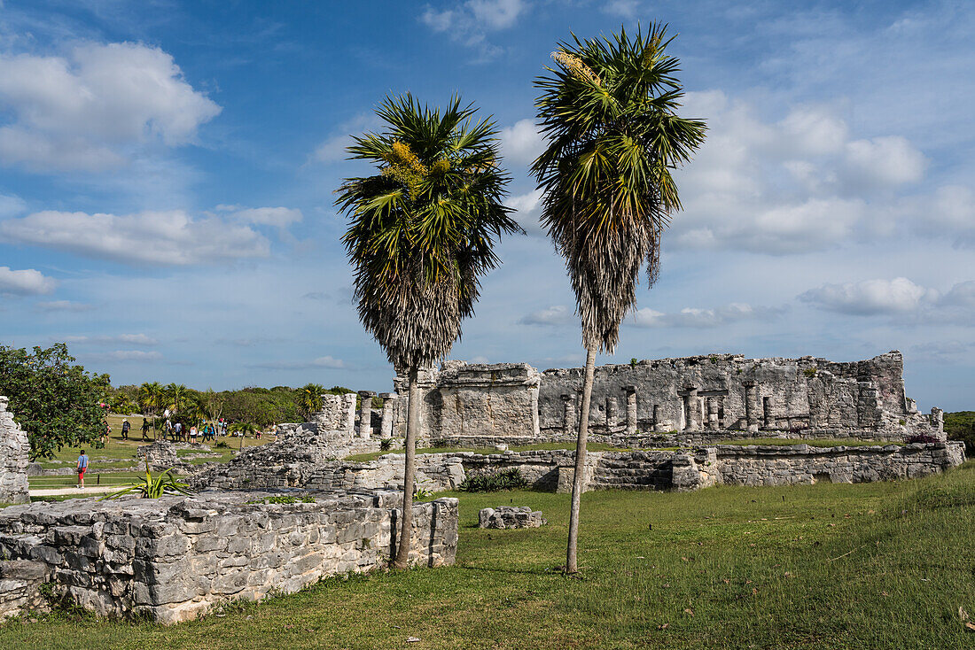 The House of the Columns in the ruins of the Mayan city of Tulum on the coast of the Caribbean Sea. Tulum National Park, Quintana Roo, Mexico.