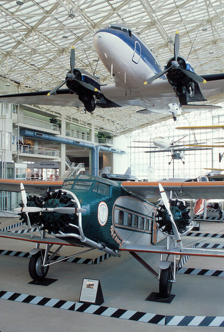 Museum of Flight exhibit of Boeing 80A-1 and Douglas DC-3 aircraft; Seattle, Washington.