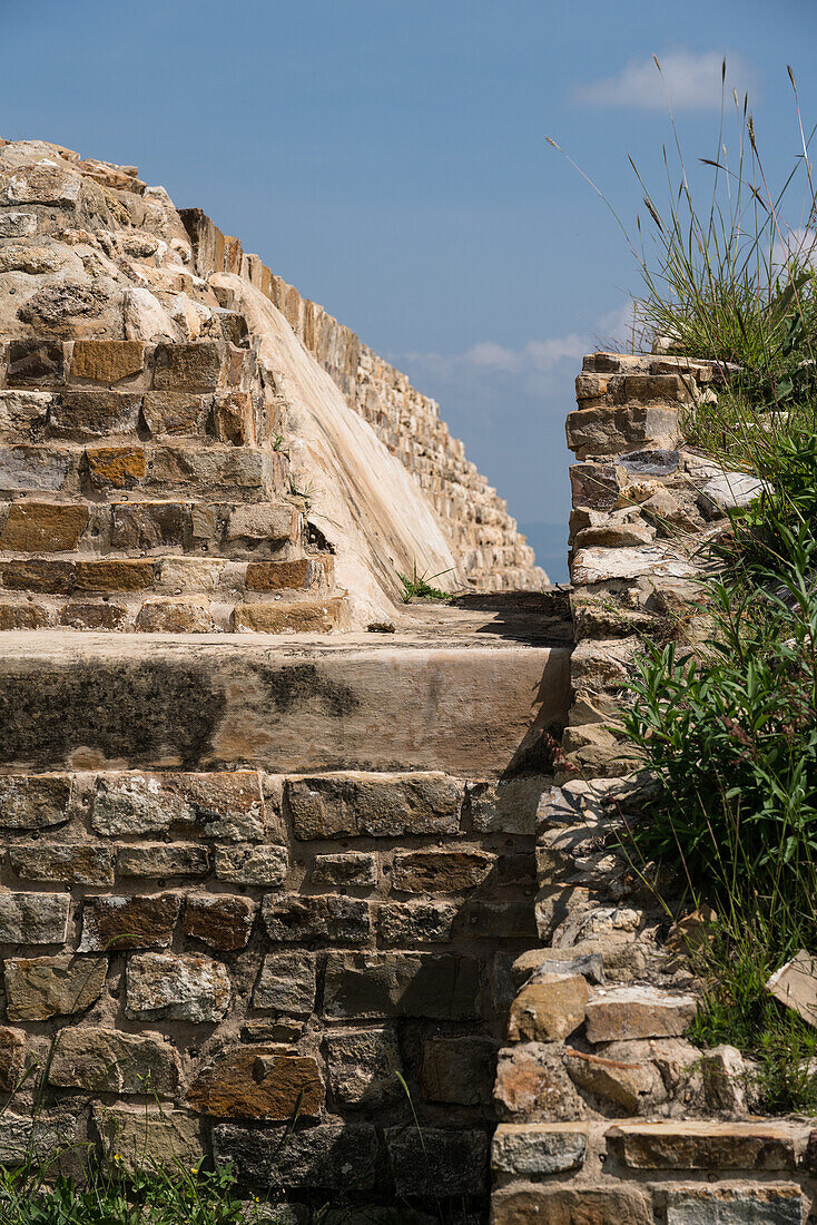 Architectural detail of Funerary Building or Building 6 in the ruins of the Zapotec city of Atzompa, near Oaxaca, Mexico.