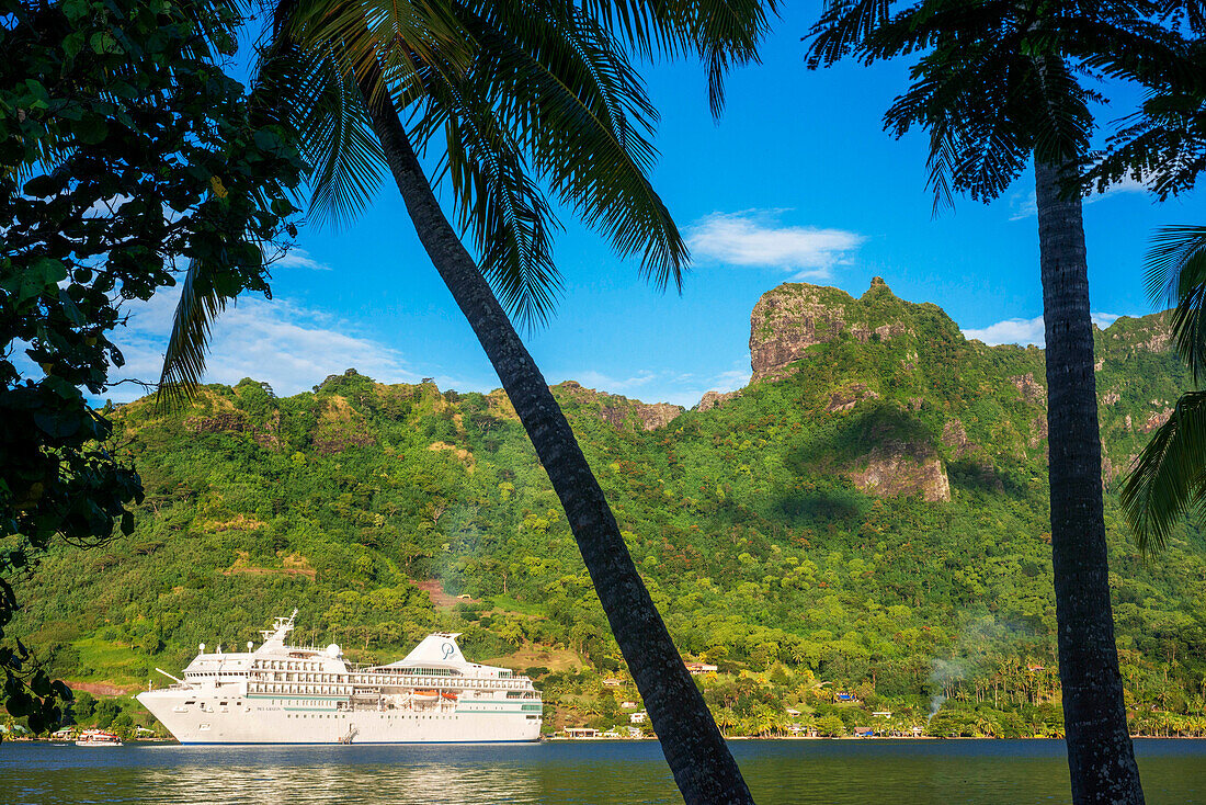 Paul Gauguin cruise anchored in Moorea, French Polynesia, Society Islands, South Pacific.