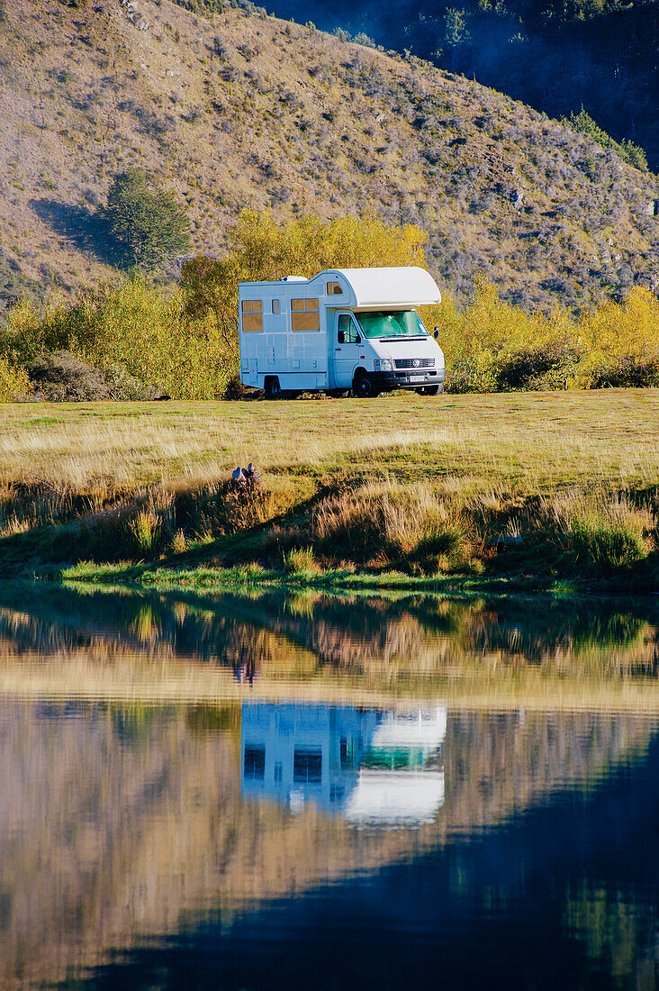 Überlegungen zum Wohnwagen, Campingplatz Lake Moke, Queenstown, Südinsel, Neuseeland