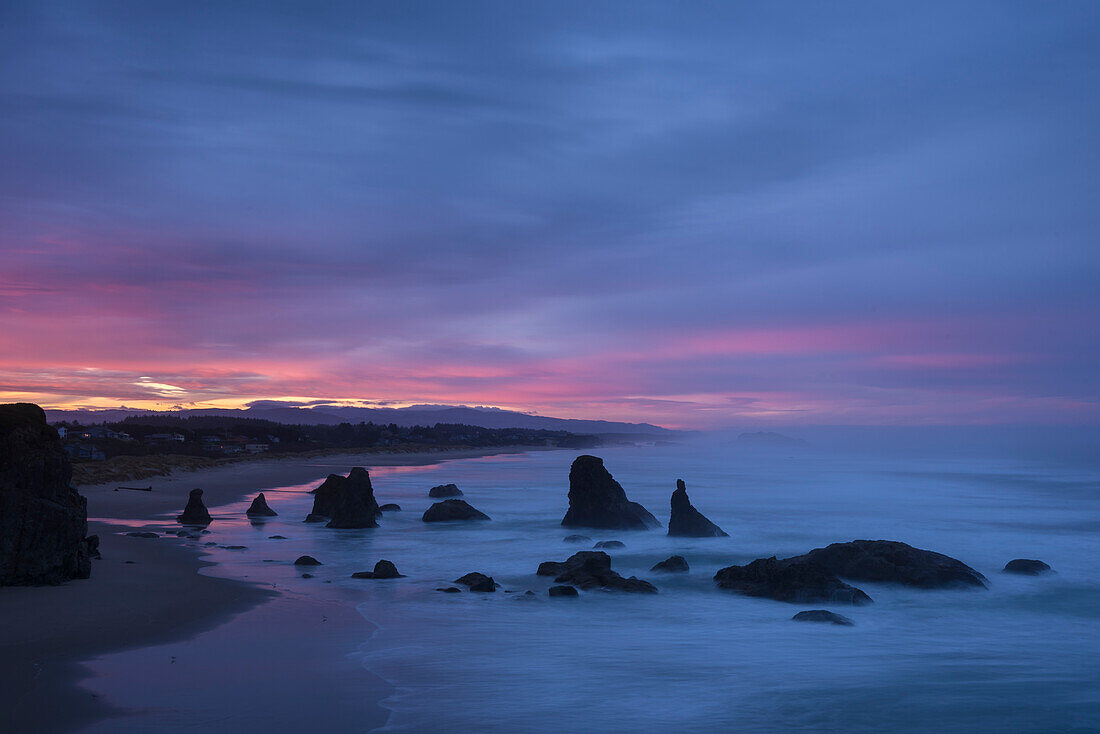 Sea stacks at dawn from Face Rock State Wayside, Bandon, southern Oregon Coast.