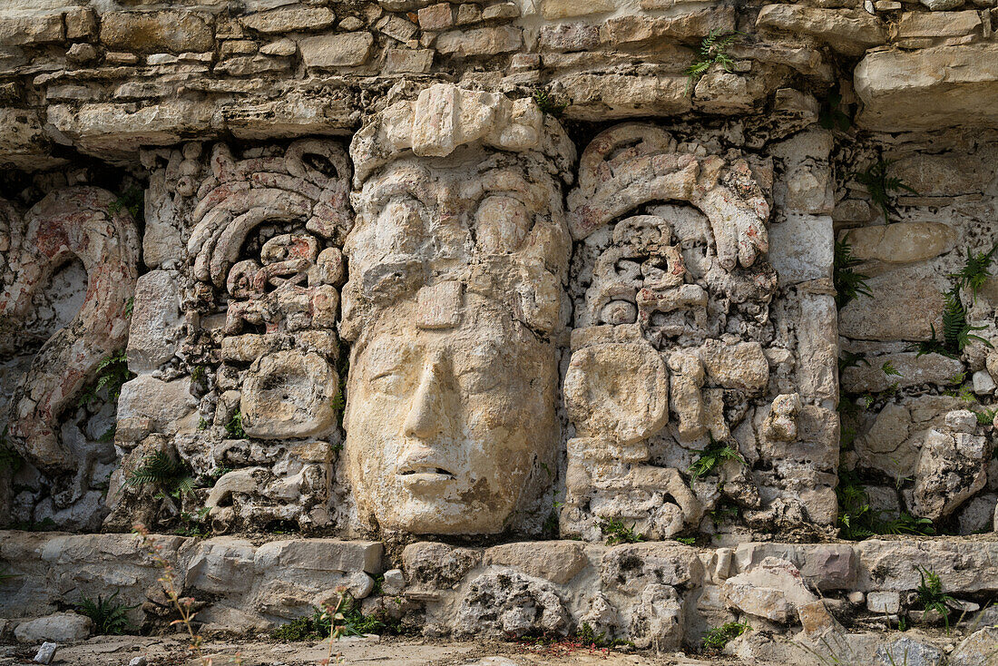 An elaborate stucco head on the Palace in the ruins of the Mayan city of Palenque, Palenque National Park, Chiapas, Mexico. A UNESCO World Heritage Site.