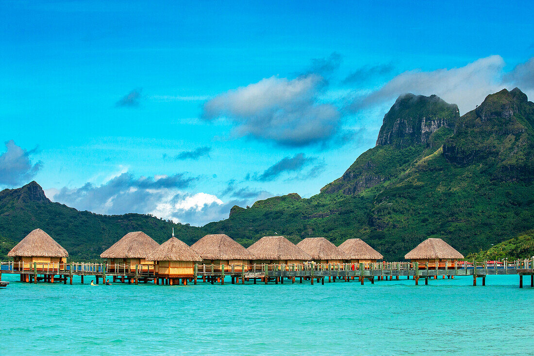 Le Bora Bora by Pearl Resorts luxury resort in motu Tevairoa island, a little islet in the lagoon of Bora Bora, Society Islands, French Polynesia, South Pacific.