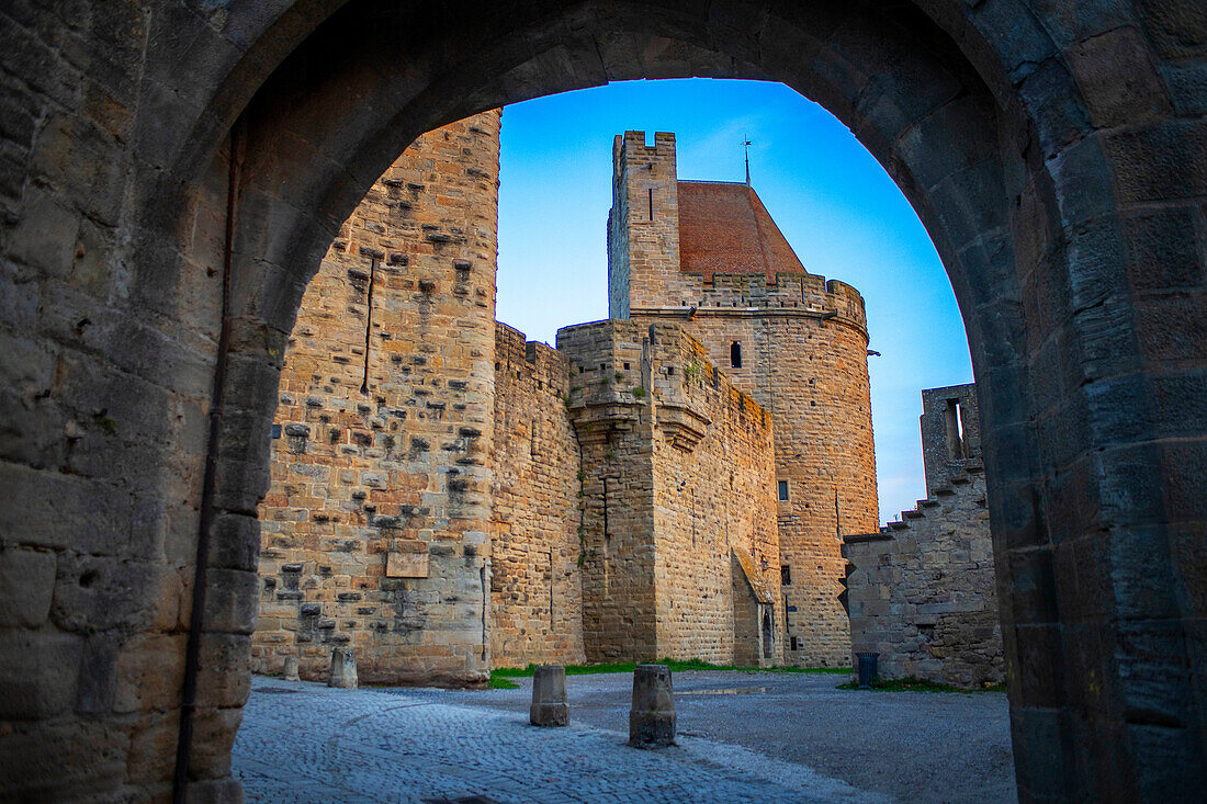 Festungsstadt Carcassonne, mittelalterliche Stadt, die von der UNESCO zum Weltkulturerbe erklärt wurde, Harboure d'Aude, Languedoc-Roussillon Midi Pyrenees Aude Frankreich