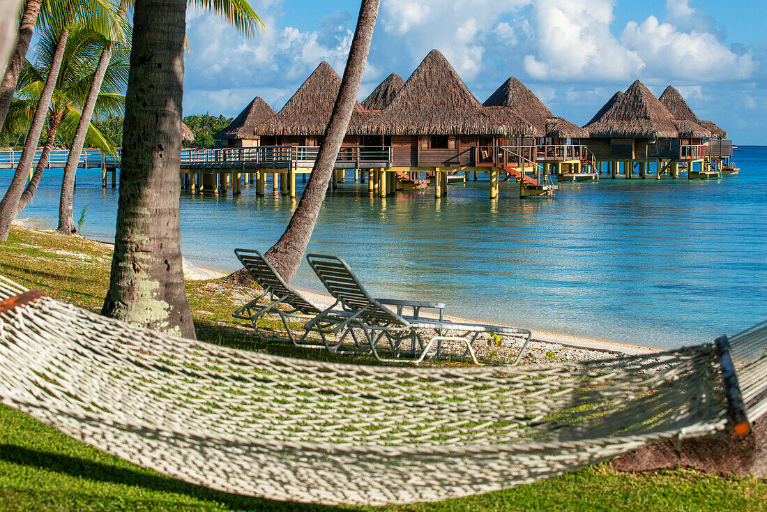 Hammock under coconut trees at Luxury Hotel Kia Ora Resort & Spa on Rangiroa, Tuamotu Islands, French Polynesia.