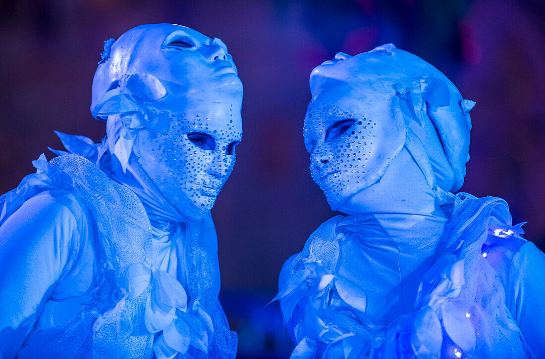 performers with Venetian style mask at the Venetian Hotel in Las Vegas.