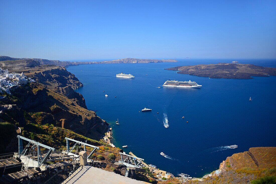 Views of sea and cruise ships from Santorini