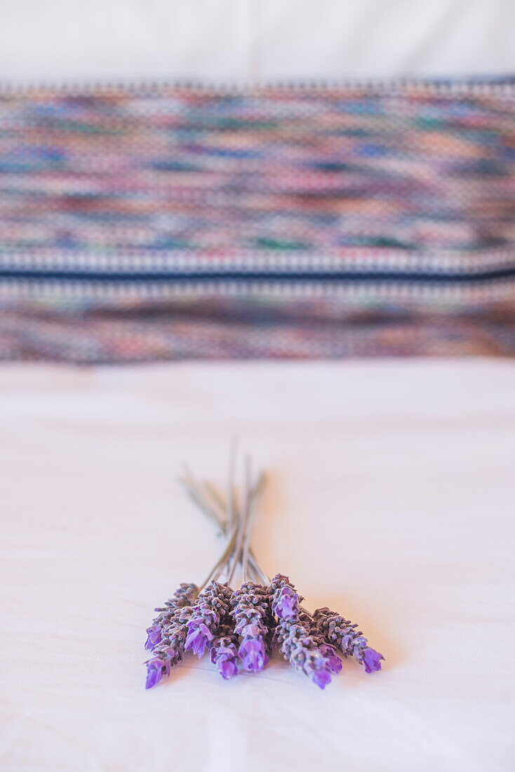 Luxury accommodation background, with copy space showing Lavender on pillow at a luxurious boutique hotel with beautiful details in the bedroom