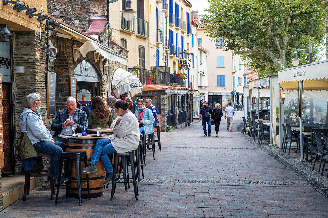 Bars und Restaurants in der Hauptstraße der mittelalterlichen Stadt Collioure in Südfrankreich Languedoc-Roussillon Cote Vermeille Midi Pyrenees Occitanie Europa