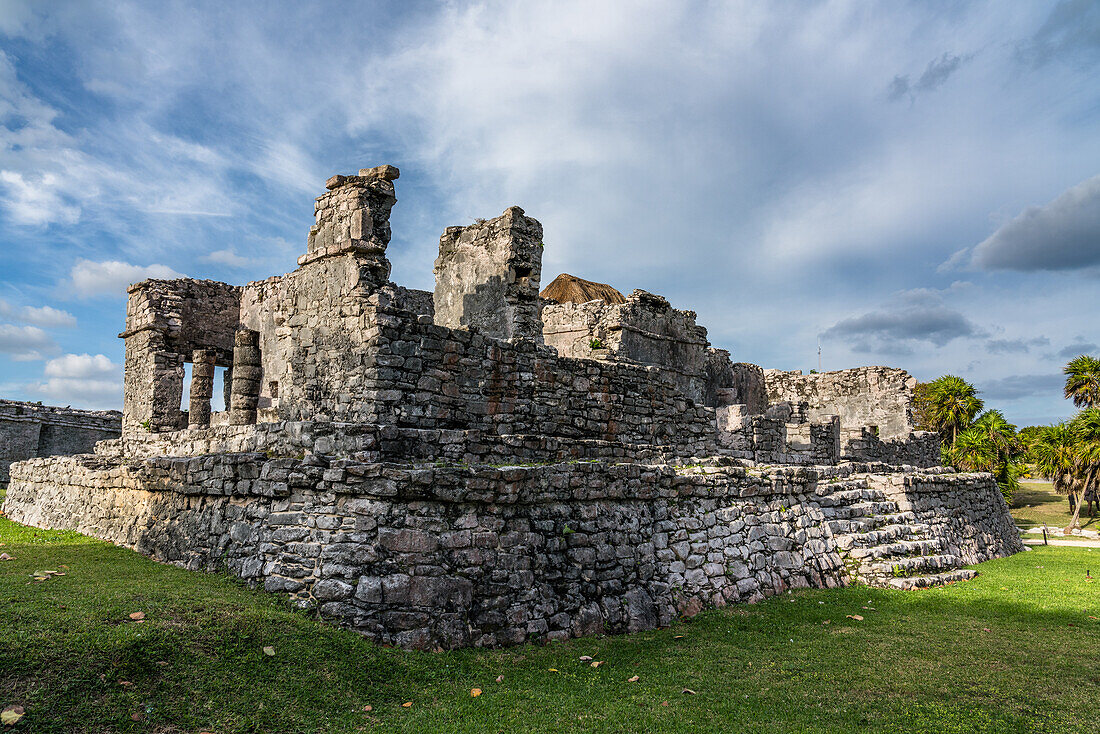 The Palace of the Halach Uinic or Great Lord in the ruins of the Mayan city of Tulum on the coast of the Caribbean Sea. Tulum National Park, Quintana Roo, Mexico.