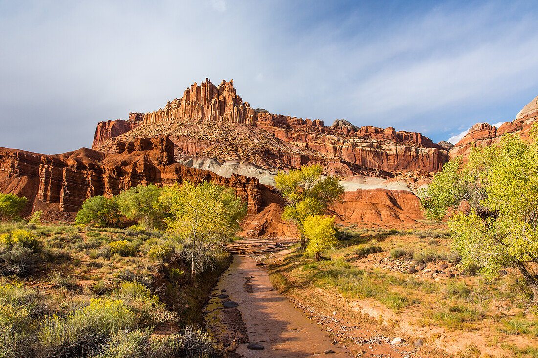 The Castle in Capitol Reef National Park, Utah, with the Fremont River and cottonwood trees in fall color.