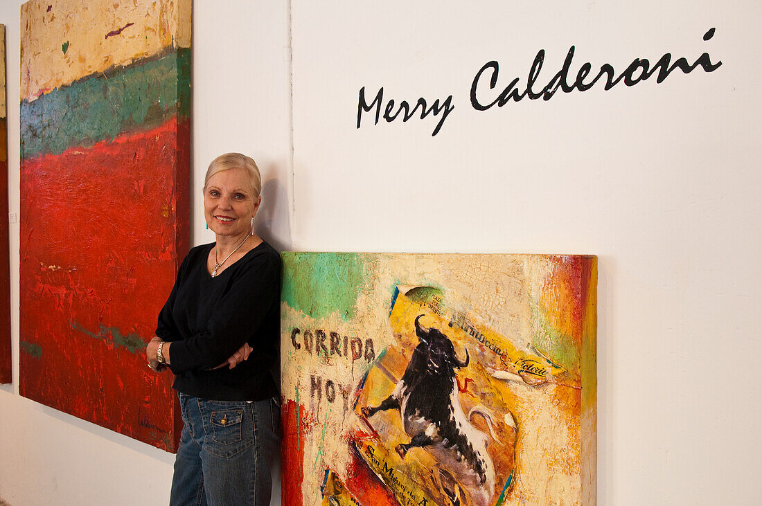 Artist Merry Calderoni in her studio at La Aurora art galleries, San Miguel de Allende, Guanajuato, Mexico.