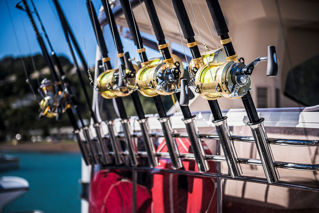 Fishing reels from a game fishing boat, Russell, Bay of Islands, Northland Region, North Island, New Zealand