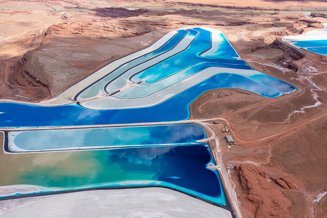 Evaporation ponds at a potash mine using a solution mining method for extracting potash near Moab, Utah. Blue dye is added to speed up evaporation.