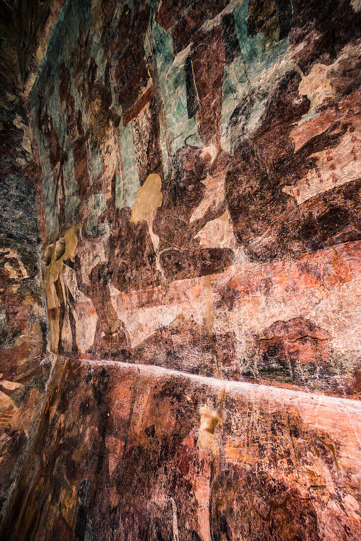 A fresco mural showing tortured captives on the north wall of Room 2 of the Temple of the Murals in the ruins of the Mayan city of Bonampak in Chiapas, Mexico.