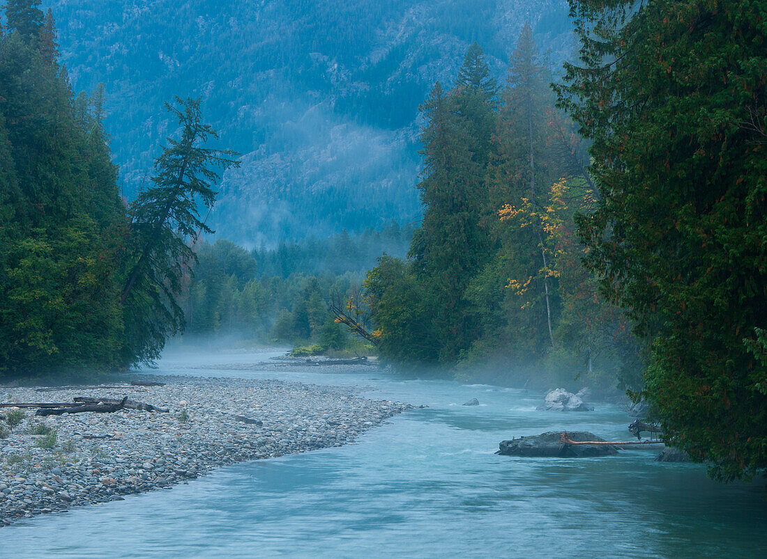 Stehekin River with morning fog, Lake Chelan National Recreation Area, Cascade Mountains, Washington.