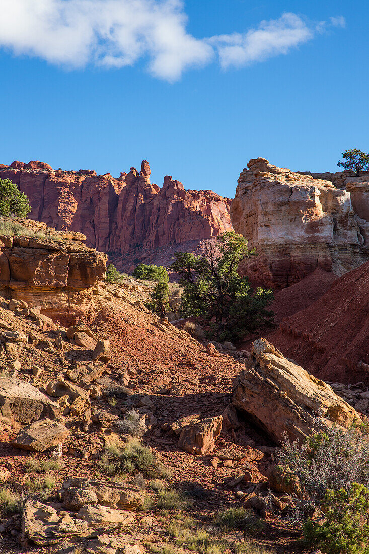 Rugged eroded geologic formations in Capitol Reef National Park in Utah.
