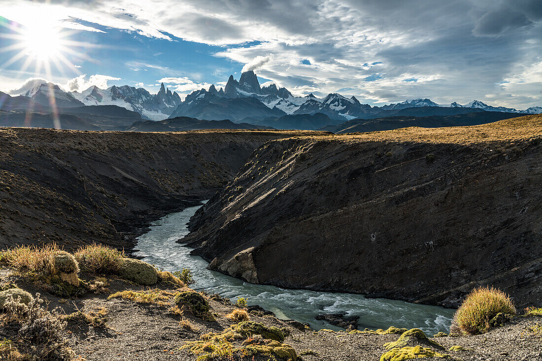 The Fitz Roy Massif at sunset, viewed over the canyon of the Rio de las Vueltas in Los Glaciares National Park near El Chalten, Argentina. A UNESCO World Heritage Site in the Patagonia region of South America.