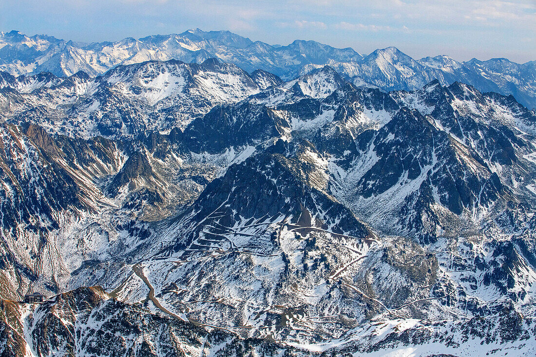 Mountain views in front of The Observatory Of Pic Du Midi De Bigorre, Hautes Pyrenees, Midi Pyrenees, France. The Col du Tourmalet is the highest paved mountain pass in the French Pyrenees second only to the Col de Portet. So in contrast to frequent claims.