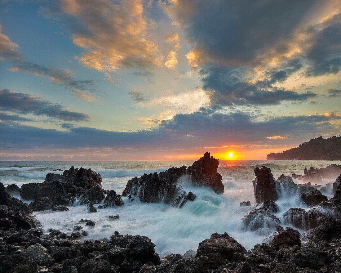 Sunrise at Laupahoehoe Beach Park, Island of Hawaii.