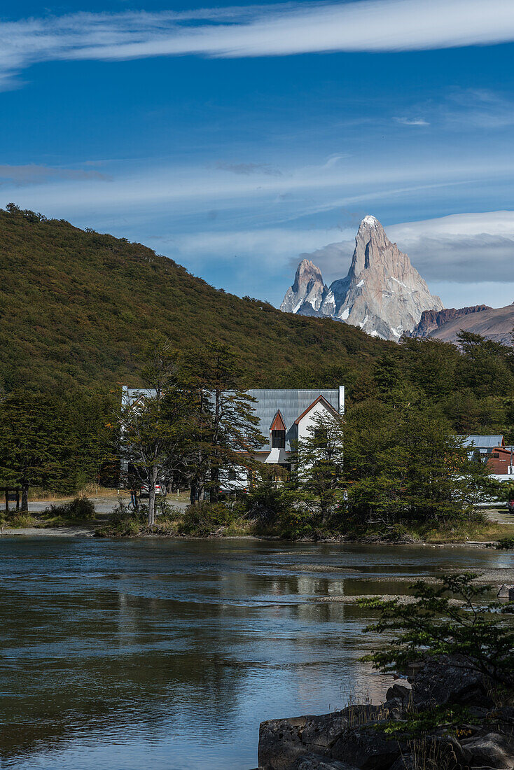 Mount Fitz Roy and Cerro Poincenot in Los Glaciares National Park, as seen from from the north at Lago Desierto, north of El Chalten, Argentina, in the Patagonia region of South America.