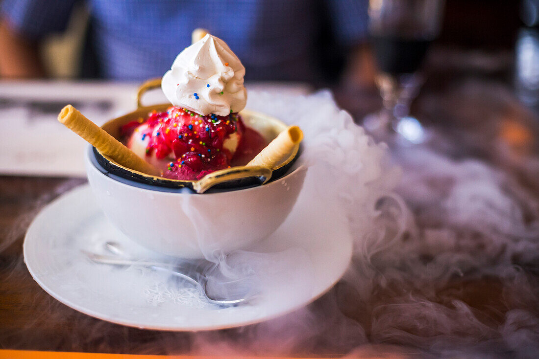 Ice cream at Plaza Grande Hotel at Independence Square in the Historic Centre of the City of Quito, Ecuador, South America