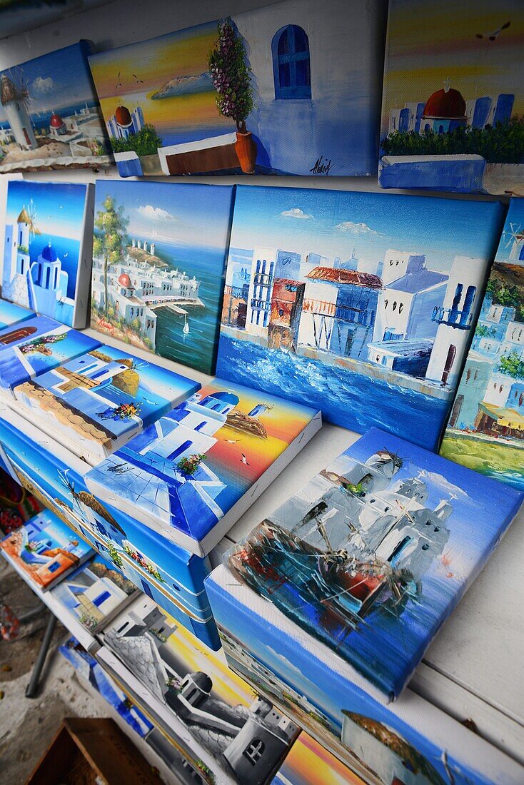 Paintings for sale in shop, Mykonos, Greece