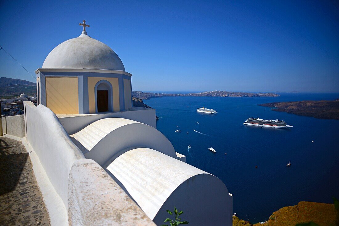 Hillside church in Fira, Santorini, Greek Islands, Greece