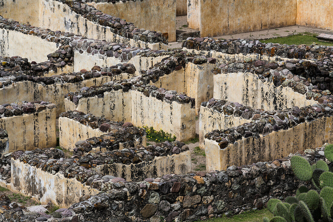 The Palace of the 6 Patios was housing for the elite of Yagul and was built around six grassy patios. The walls were covered with stucco and painted. Yagul, Oaxaca, Mexico.