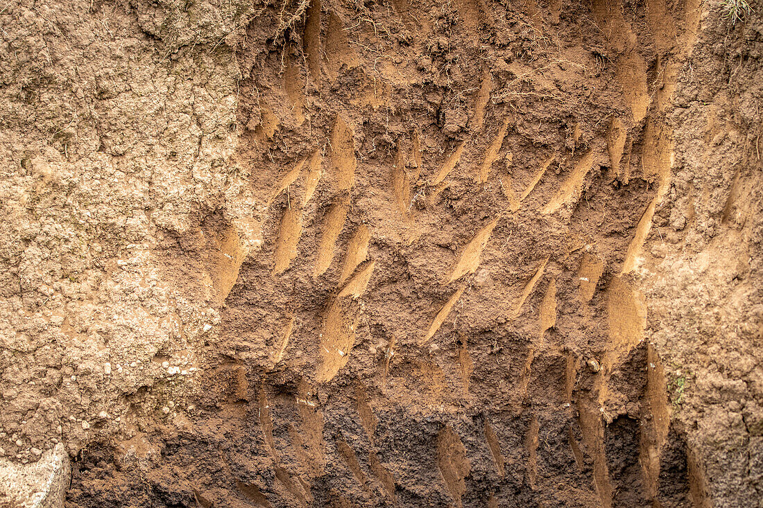 Schaufelspuren, die die unteren Schichten des Bodens freilegen, Debre Berhan, Äthiopien