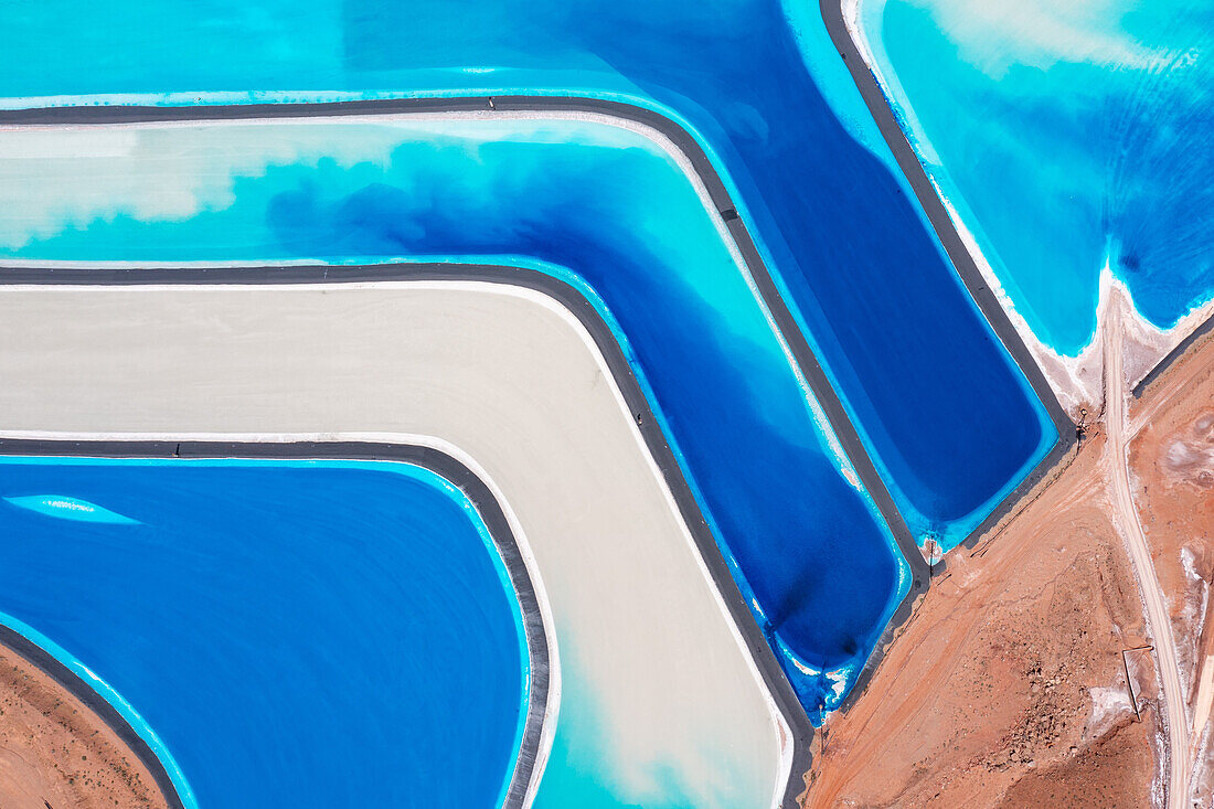 Evaporation ponds at a potash mine using a solution mining method for extracting potash near Moab, Utah. Blue dye is added to speed up evaporation.