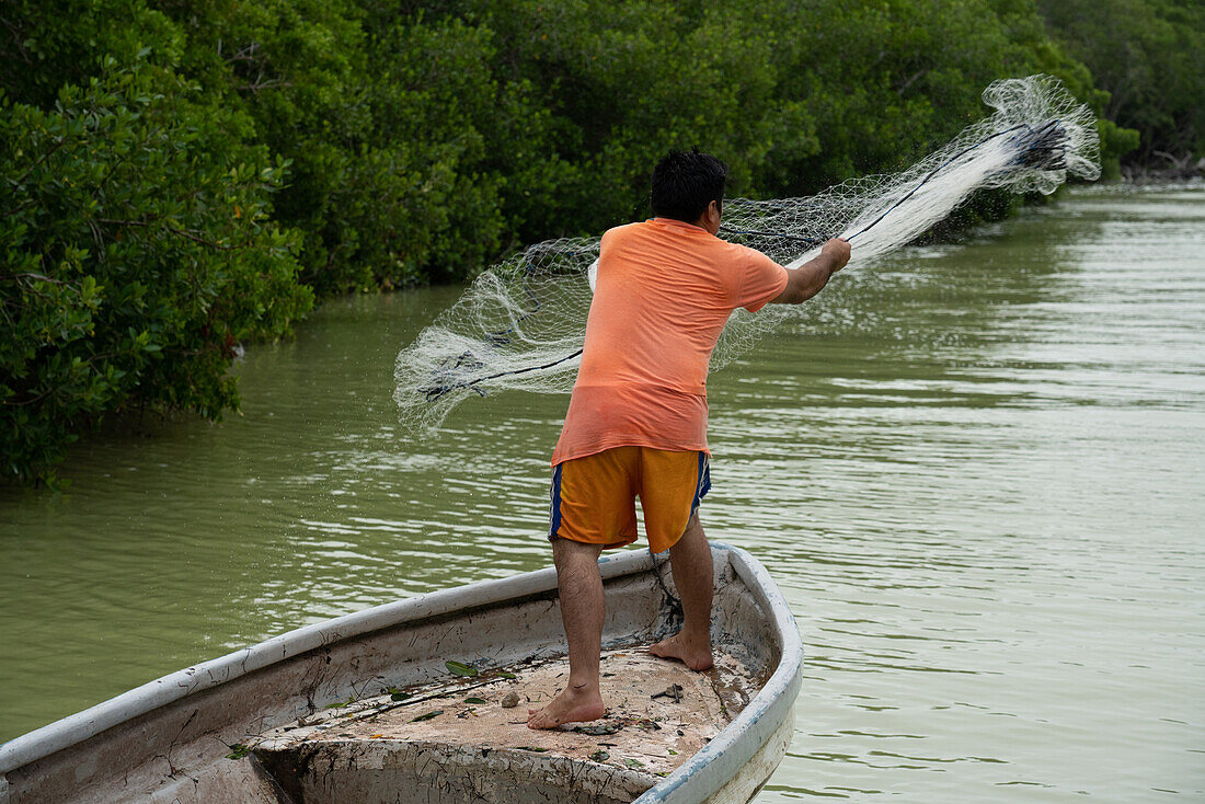 Ein Fischer wirft sein Netz in das Brackwasser der Meeresmündung im Biosphärenreservat Ria Lagartos, einem UNESCO-Weltbiosphärenreservat in Yucatan, Mexiko, aus.