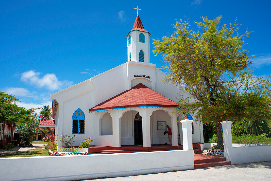Rotoava church in Fakarava, Tuamotus Archipelago French Polynesia, Tuamotu Islands, South Pacific.