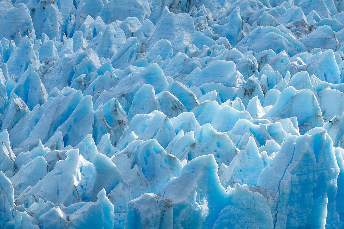 The jaggedly sculpted face of the Grey Glacier on Lago Grey in Torres del Paine National Park, a UNESCO World Biosphere Reserve in Chile in the Patagonia region of South America.