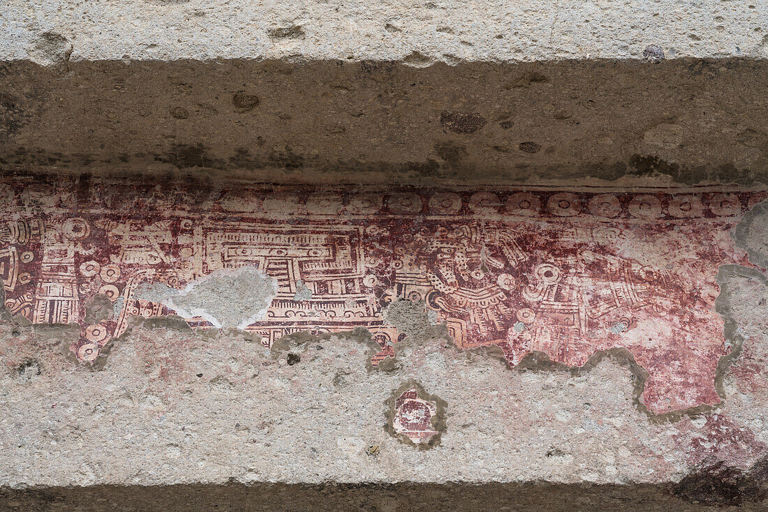 Detail of the painted frescoes in Courtyard A (Quadrangle A) the ruins of the Zapotec city of Mitla, Oaxaca, Mexico. A UNESCO World Heritage site.