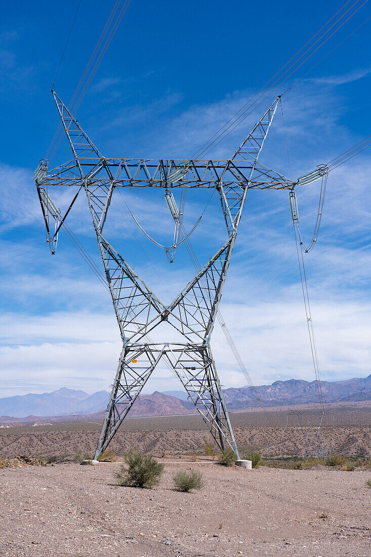 Electrical power transmission lines in San Juan Province, Argentina.