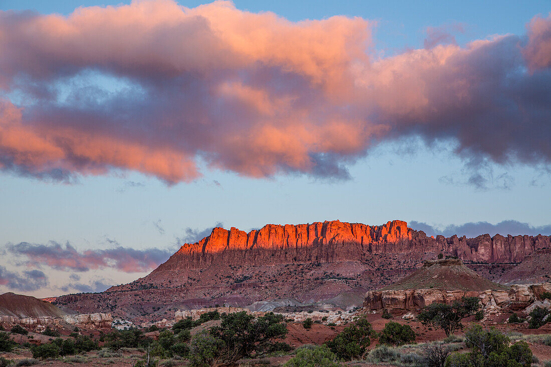 Sunrise light on the sandstone formations of Capitol Reef National Park in Utah.