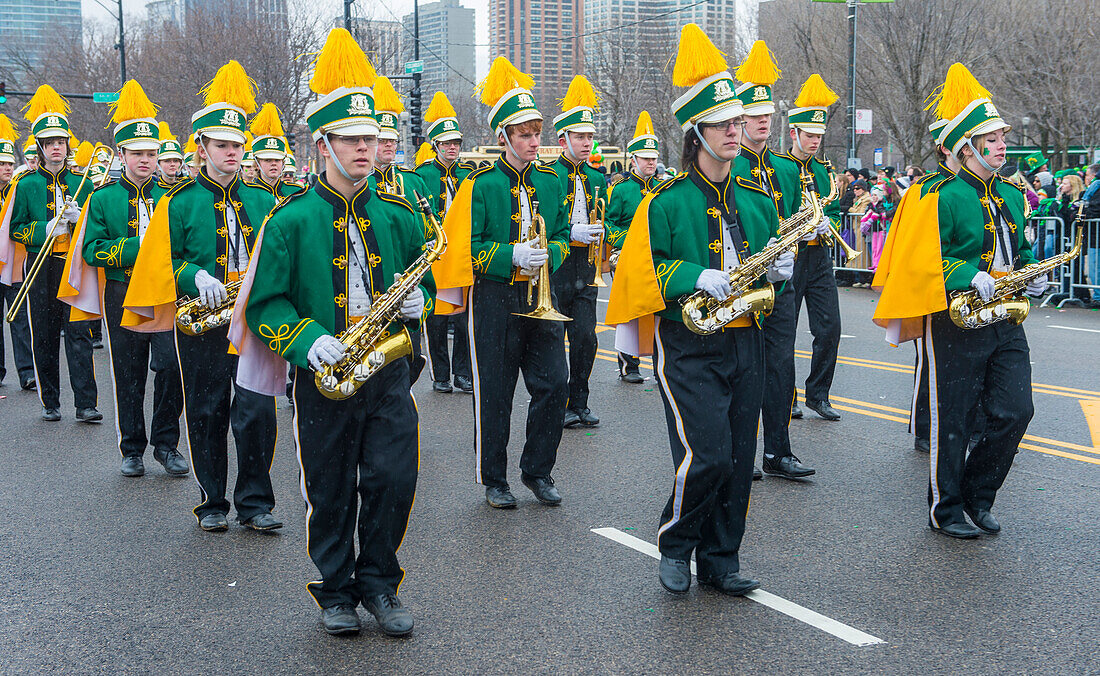 Band marching at the annual Saint Patrick's Day Parade in Chicago