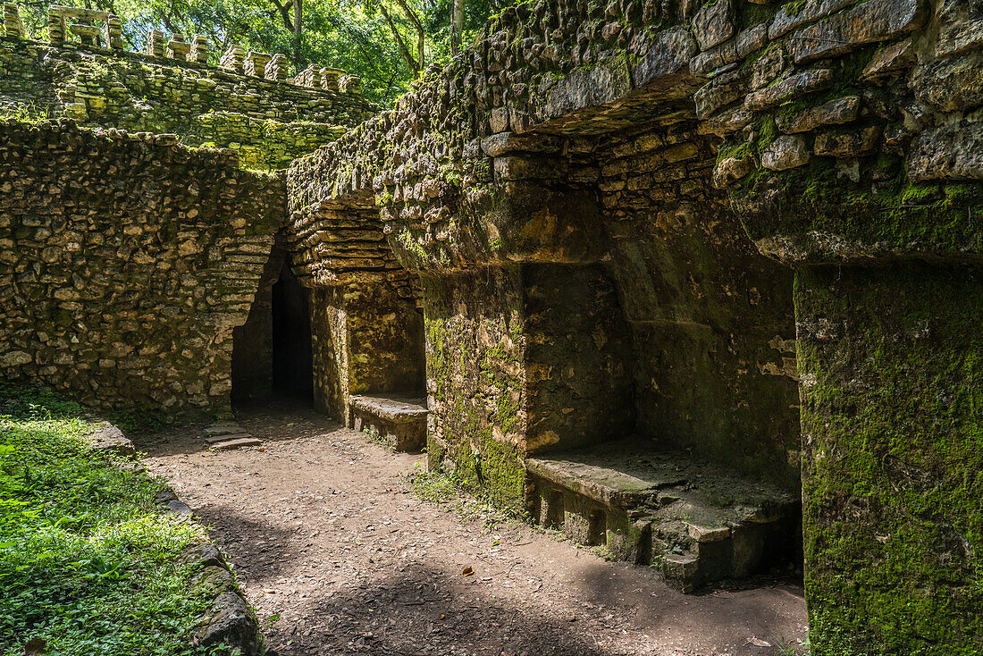 Der Eingang zu den Ruinen der Maya-Stadt Yaxchilan durch die Rückseite von Gebäude 19, oder das Labyrinth, am Usumacinta-Fluss in Chiapas, Mexiko.