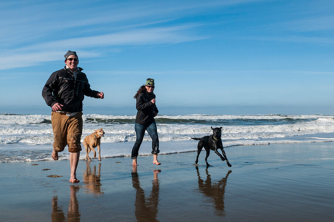 Junges erwachsenes Paar und ihre Hunde spielen in der Brandung und rennen am Strand; Oregon Dunes National Recreation Area, zentrale Küste von Oregon.