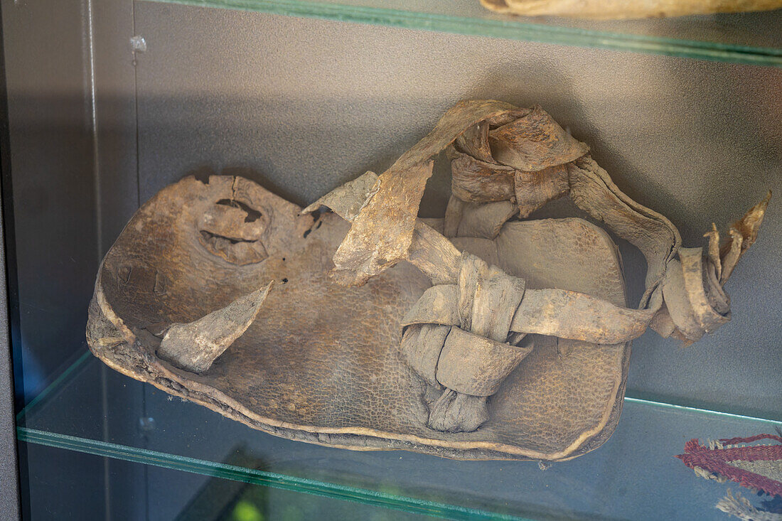 A pre-Hispanic Inca leather sandal in the Calingasta Archeological Museum in Calingasta, San Juan, Argentina.
