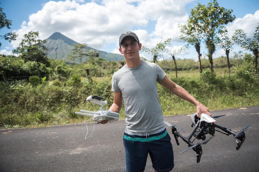 Flying a drone at Arenal Volcano, Alajuela Province, Costa Rica, Central America