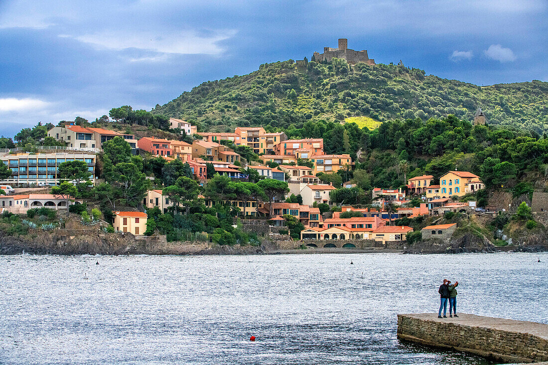 Tower and landscape seaside beach of the picturesque village of Collioure, near Perpignan at south of France Languedoc-Roussillon Cote Vermeille Midi Pyrenees Occitanie Europe