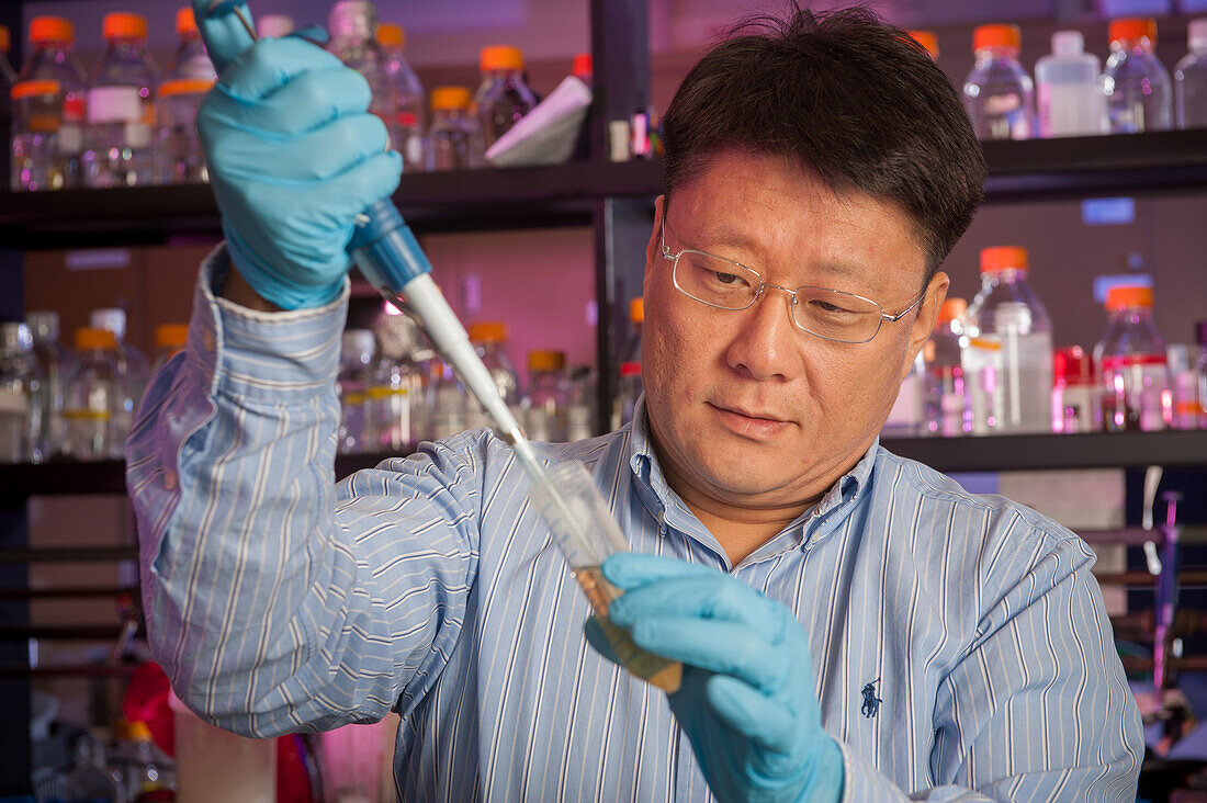 Male scientist in lab using pipette.