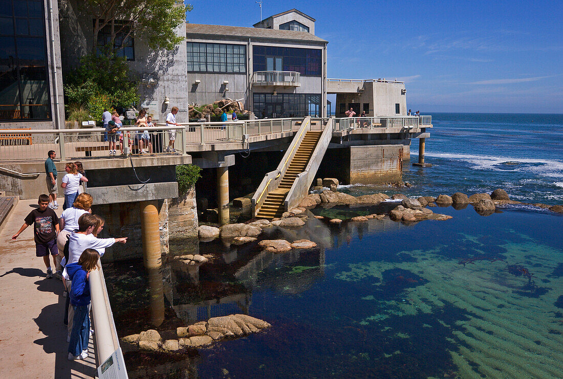 Monterey Bay Aquarium: exterior of buildings and visitors viewing tidepool; Monterey, California.