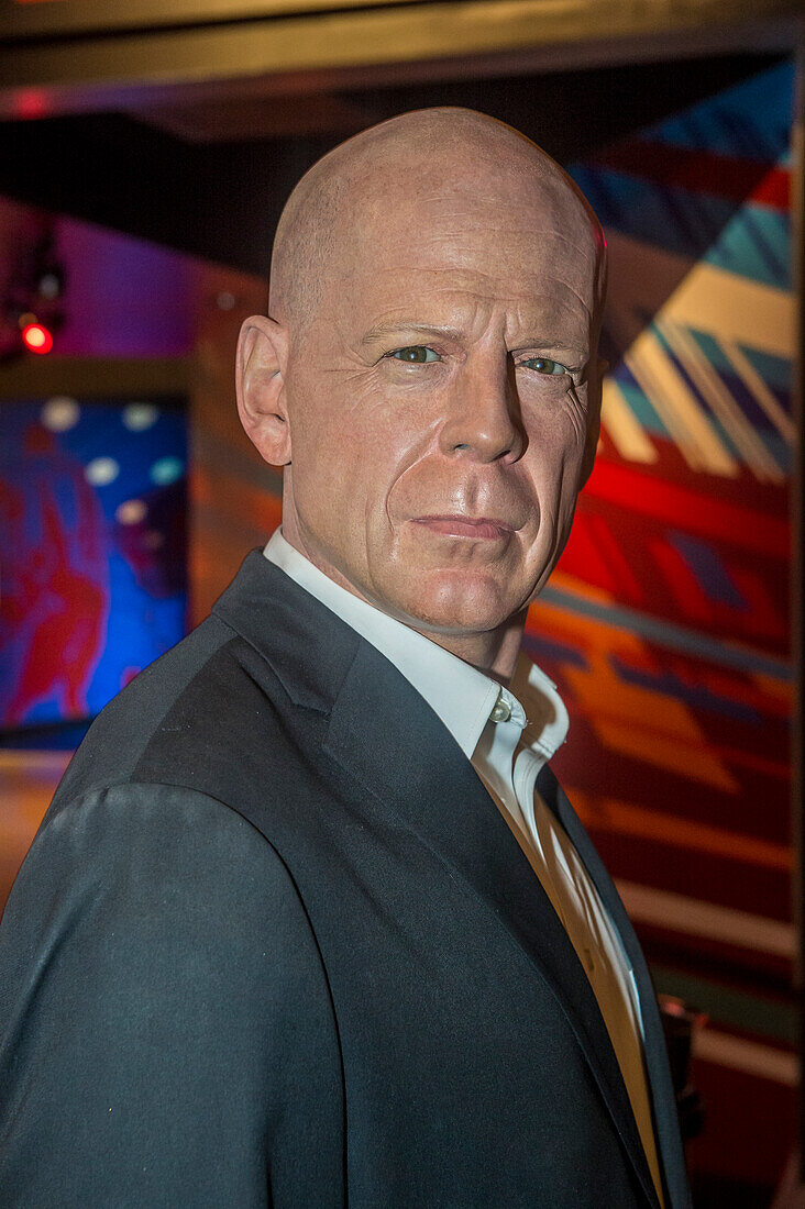 A waxwork of Bruce Willis at The Madame Tussauds museum in Las Vegas , The two-floor 30,000-square-foot museum has 100-plus wax replicas.