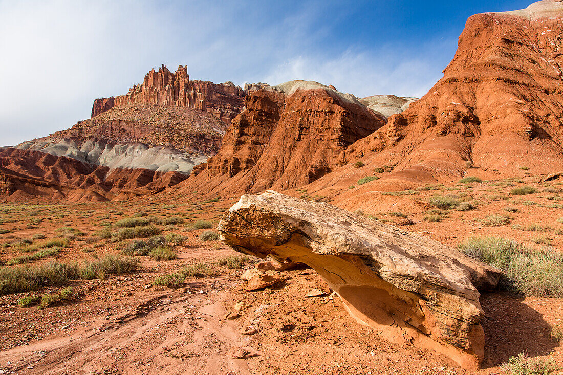 An eroded sandstone formation with the Castle in the background in Capitol Reef National Park in Utah.